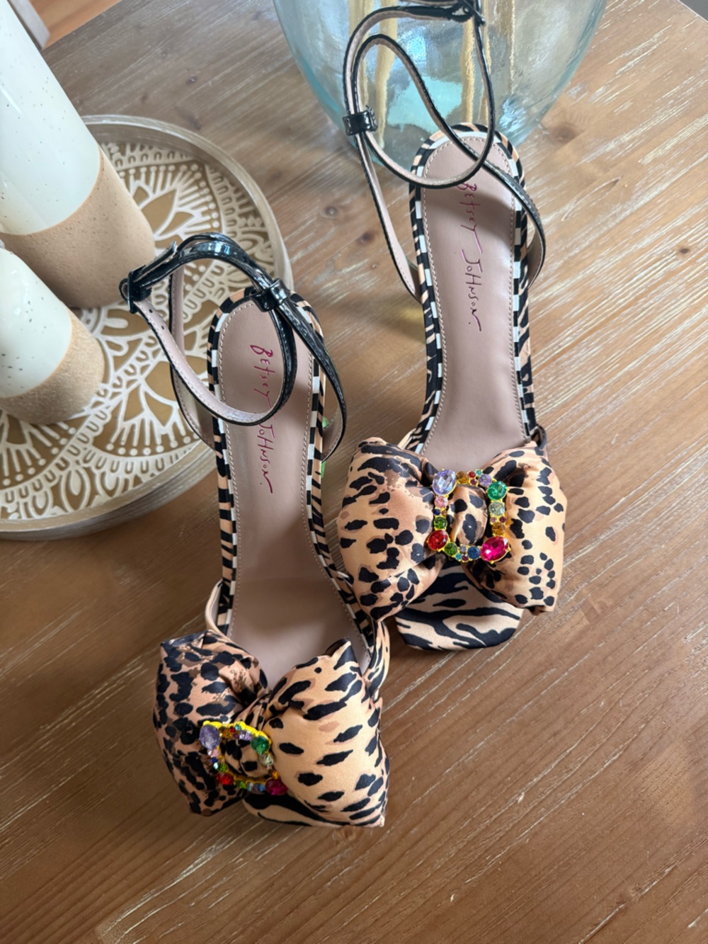 Betsey Johnson Leopard Bow Ankle-Strap Heels - Tan/Black with Multicolor Gems